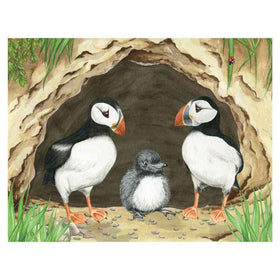 Two puffins with black and white feathers and orange beaks stand beside a fluffy gray chick near a burrow, surrounded by grass and ocean plastic. This scene reflects themes from "Marli's Tangled Tale," a delightful children's book by Ellie Jackson.