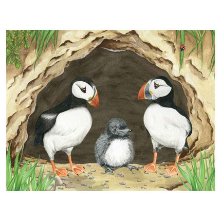 Two puffins with black and white feathers and orange beaks stand beside a fluffy gray chick near a burrow, surrounded by grass and ocean plastic. This scene reflects themes from "Marli's Tangled Tale," a delightful children's book by Ellie Jackson.