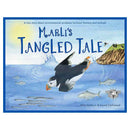 The cover of "Marli's Tangled Tale" by Ellie Jackson showcases a puffin flying over the sea, with fish and coastal scenery below. The subtext highlights a true story about ocean plastic and environmental issues between humans and animals.