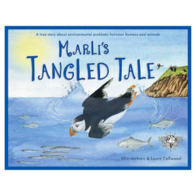 The cover of "Marli's Tangled Tale" by Ellie Jackson showcases a puffin flying over the sea, with fish and coastal scenery below. The subtext highlights a true story about ocean plastic and environmental issues between humans and animals.