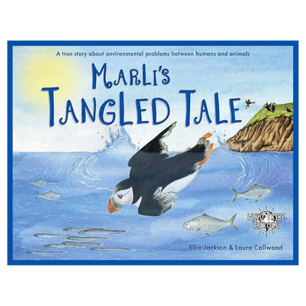 The cover of "Marli's Tangled Tale" by Ellie Jackson showcases a puffin flying over the sea, with fish and coastal scenery below. The subtext highlights a true story about ocean plastic and environmental issues between humans and animals.