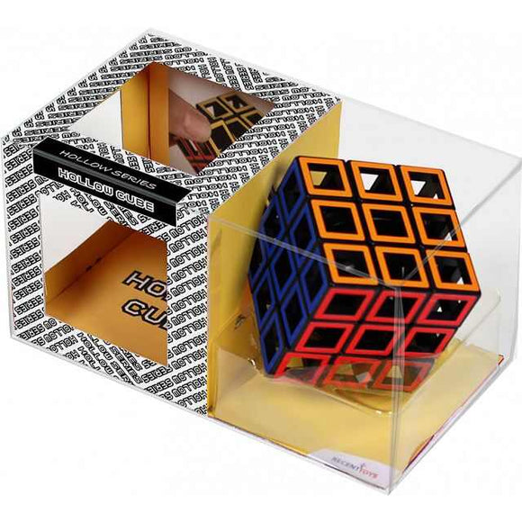 The Meffert - Hollow Cube Puzzle by MEFFERT'S PUZZLES is a colorful 3x3 twisty puzzle with black, yellow, red, and blue highlights. Showcased in a transparent open box, it reveals intriguing hollow spaces and the inner structure of this captivating item.