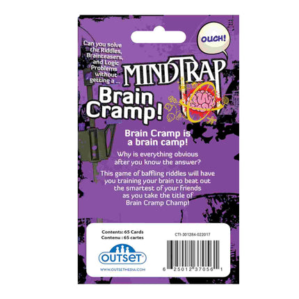Back of a MindTrap Cards Brain Camp pack from Outset Media, showing vibrant text, a cartoon brain, and game details about tricky riddles and logic puzzles. The Outset Media logo appears at the bottom.