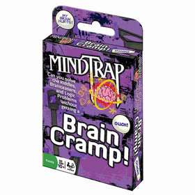 A purple box of MindTrap Cards Brain Camp by Outset Media, featuring a cartoon brain in a trap. Test your wits with fun riddles and logic games—perfect for ages 10+. Can you beat the challenge without a brain cramp?.