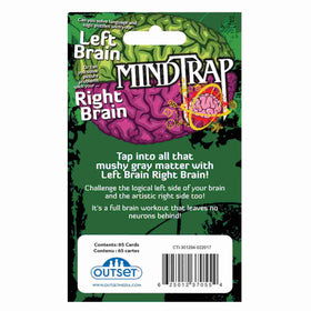 The back of the MindTrap Cards Left Brain Right Brain game box features colorful brain illustrations labeled "Left Brain" and "Right Brain," inviting players to enjoy clever puzzles. Outset Media logo and barcode are shown at the bottom.