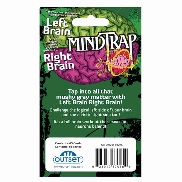 The back of the MindTrap Cards Left Brain Right Brain game box features colorful brain illustrations labeled "Left Brain" and "Right Brain," inviting players to enjoy clever puzzles. Outset Media logo and barcode are shown at the bottom.