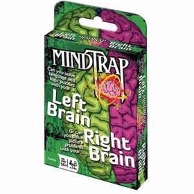 The Outset Media MindTrap Cards Left Brain Right Brain game features a vibrant box with a green and purple brain illustration and offers challenging puzzles for ages 14+, designed for a fun brain workout.