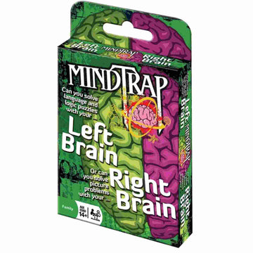 The Outset Media MindTrap Cards Left Brain Right Brain game features a vibrant box with a green and purple brain illustration and offers challenging puzzles for ages 14+, designed for a fun brain workout.