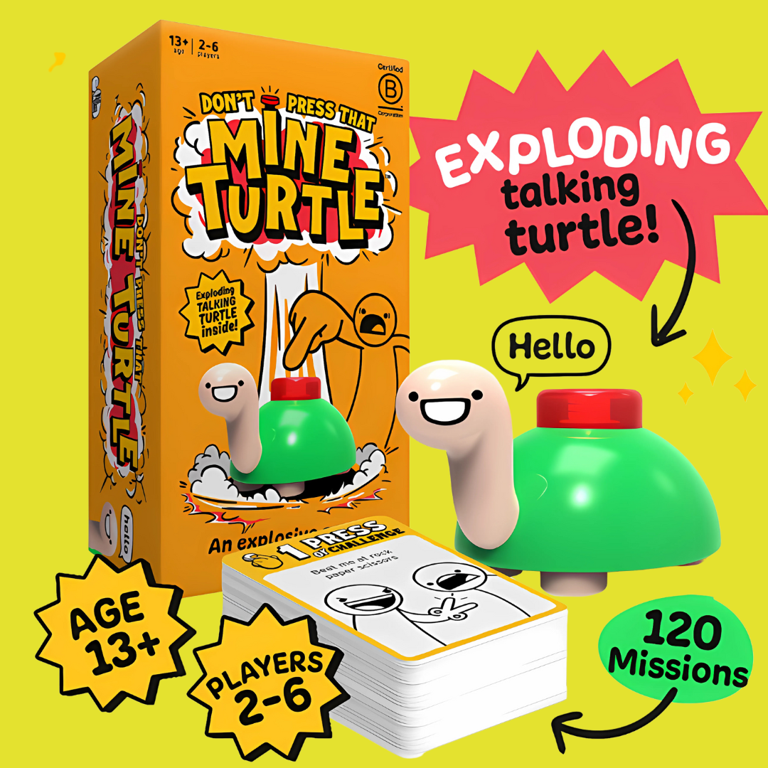 The Toy Shop's "Mine Turtle" board game offers explosive fun with an exploding turtle that says "Hello" and a stack of cards. Suitable for ages 13+, it supports 2-6 players and includes 120 missions. The box features playful graphics on a bright yellow background.