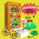 Image of a board game box titled "Mine Turtle." Explosive fun awaits with a talking turtle figurine saying "Hello," 120 mission card tasks, and essentials for ages 13+ and 2-6 players. Bright, colorful design by The Toy Shop guaranteed to dazzle!.
