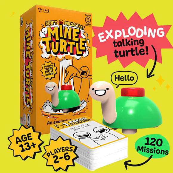 Image of a board game box titled "Mine Turtle." Explosive fun awaits with a talking turtle figurine saying "Hello," 120 mission card tasks, and essentials for ages 13+ and 2-6 players. Bright, colorful design by The Toy Shop guaranteed to dazzle!.