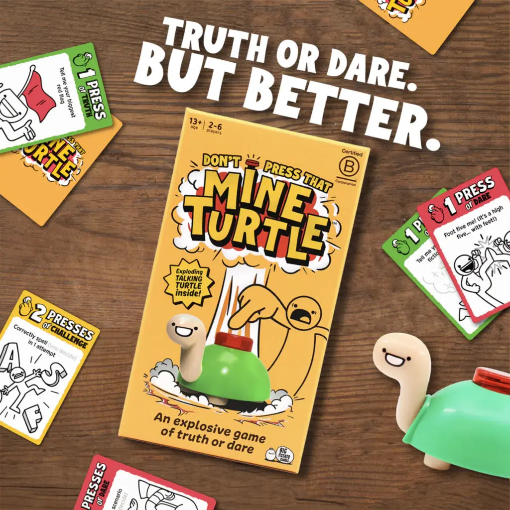 The Toy Shop's "Mine Turtle" board game, with its explosive twist on the classic Truth or Dare, sits on a wooden table surrounded by cards and a turtle figurine. The text says, "Truth or Dare. But Better.