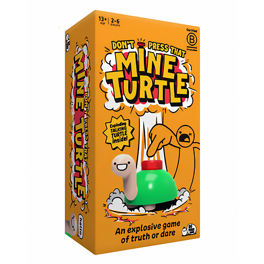 Image of "Mine Turtle" game box by The Toy Shop, featuring a cartoon turtle with a green shell and red button. Suitable for ages 13+, accommodates 2-6 players, offering explosive fun in this dynamic truth or dare game.