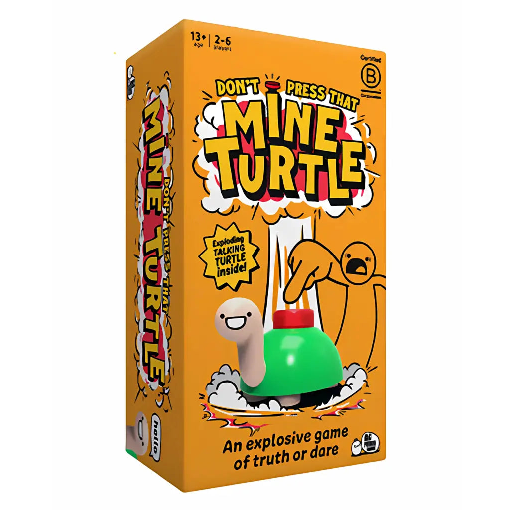 The Toy Shop's "Mine Turtle" board game features a cartoon turtle with a button on its back. This explosive fun Truth Dare Game is designed for 2-6 players aged 13 and up.