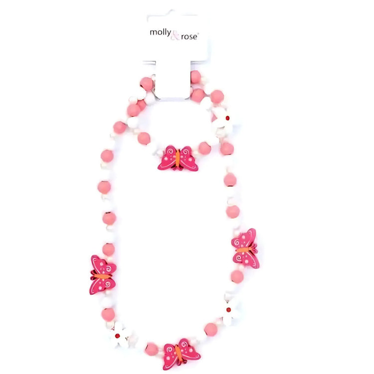 The molly & rose Butterfly Bead Necklace & Bracelet Set features pink and white pearl beads with butterfly and flower charms, displayed on a plain white background. Perfect for party bags or special occasions.