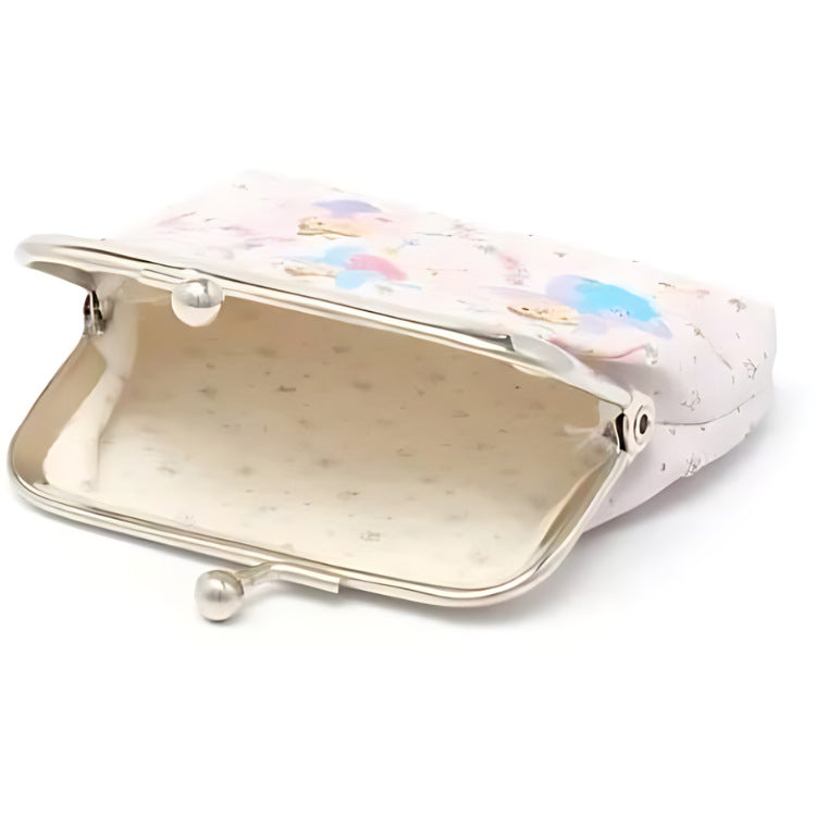 The molly & rose Fairy Print Coin Purse features a metal clasp, ideal for stashing pocket money. Its pastel floral design evokes a delicate fairy theme, while the light beige interior displays subtle dots. The purse is beautifully set against a white background.