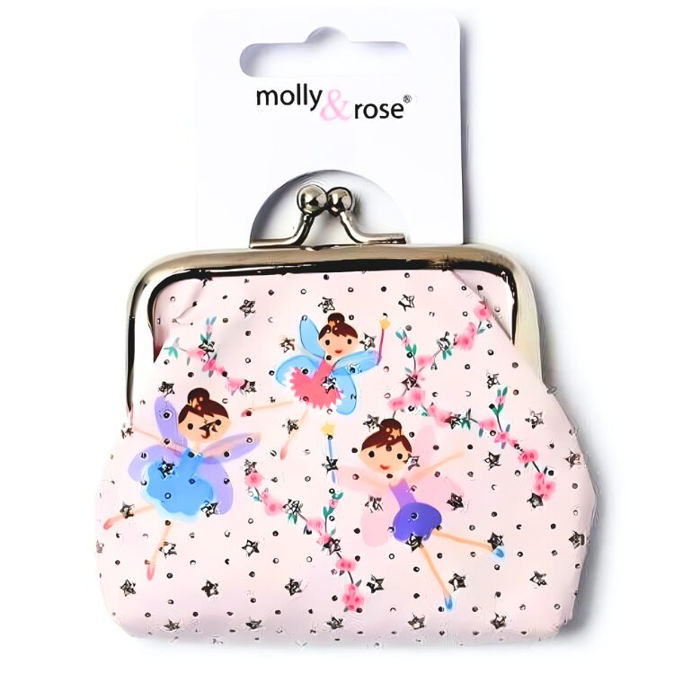 The Fairy Print Coin Purse from molly & rose features a pastel pink background with ballerinas in colorful tutus, pink flowers, and a whimsical fairy motif. It's small, has a metal clasp, and is perfect for pocket money. The brand name is stylishly displayed on the top tag.