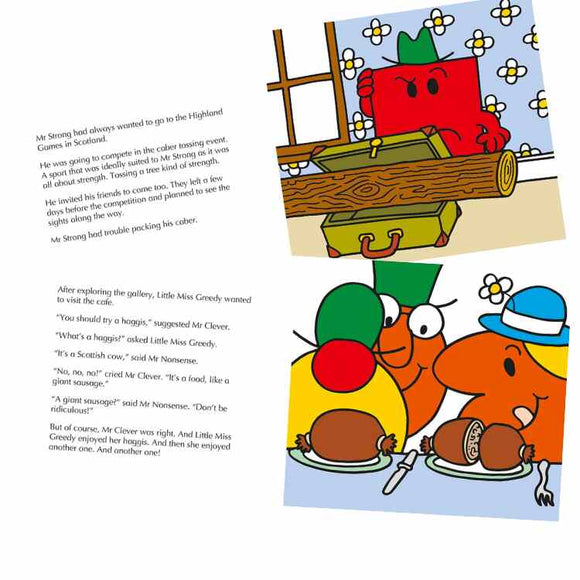 The Mr. Men Little Miss in Scotland comic by Farshore features two panels: the top shows a red, square character tossing a log like in the Highland Games, while the bottom depicts a red-yellow, an orange, and a green character dining together and chatting about haggis and their food preferences.