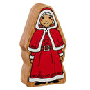 The Lanka Kade Wooden Christmas Toy Figure is a beautifully painted wooden toy figure of a woman in a red hooded cloak and dress adorned with white trim, evoking the spirit of Christmas. Made from natural wood products, this fair trade toy showcases simple facial features and decorative patterns on her dress.