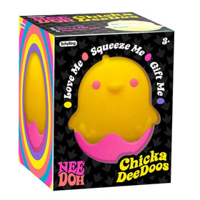 The Schylling NeeDoh Chicka DeeDoos packaging features a cute yellow chick with pink cheeks in a pink cracked eggshell. Ideal as an Easter sensory squish, it says "Squeeze Me" and displays vibrant patterns, offering a delightful stress reliever.