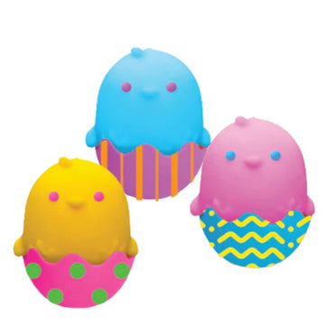 Explore the vibrant charm of Schylling's NeeDoh Chicka DeeDoos! These colorful egg-shaped stress relievers boast smiling faces: a blue one with purple stripes, a pink one with blue zigzags, and a yellow one with green dots. Ideal for Easter sensory squishing!.