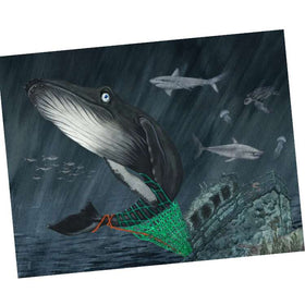 Ellie Jackson's "Nelson's Dangerous Dive" features a whale trapped in a green net surrounded by ocean plastic and debris, with a sunken ship in the backdrop. Sharks and fish swim nearby, heightening the sense of marine peril.