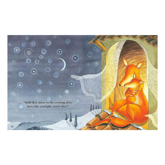 An illustration by Debi Gliori from "No Matter What" (Bloomsbury) shows a fox hugging a cub under a starry sky. The text reads: "Still they shine in the evening skies; love, like starlight, never dies," encapsulating the essence of unconditional love celebrated in picture books.