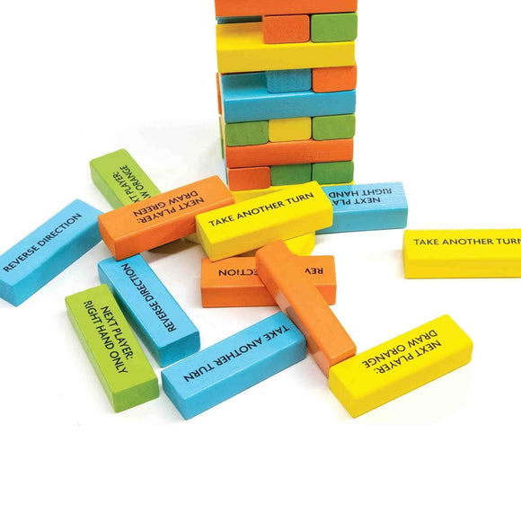 Obey The Block by Outset Media features colorful solid wood blocks with playful prompts like "TAKE ANOTHER TURN," creating a fun and unpredictable block stacking game as you build and balance the teetering tower.