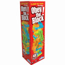 A red rectangular box for Outset Media's "Obey The Block" features colorful stacking blocks and the text: "To build the tower you must Obey the Block," advertising 48 solid wood blocks for a teetering tower challenge.