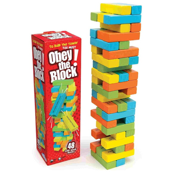 Obey The Block by Outset Media is a vibrant stacking game with 48 solid wood blocks in various colors, shown beside its bold red box.