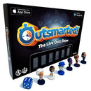 Box of the "Outsmarted! Board Game" by Q Play featuring six small character figurines and a blue die in front. App Store and Google Play logos are prominently displayed at the top. With thrilling remote-play options, this game is suitable for ages 8 and up, accommodating 2 to 24 players.