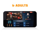 A Q Play Outsmarted! smartphone interface features a sports quiz themed around a boxing match. It includes a question about Mike Tyson's fastest knockout time and offers remote-play functionality. At the top-right corner, a profile photo and username add to its digital board game atmosphere.