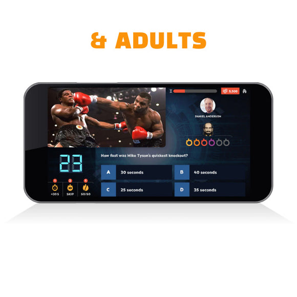 A Q Play Outsmarted! smartphone interface features a sports quiz themed around a boxing match. It includes a question about Mike Tyson's fastest knockout time and offers remote-play functionality. At the top-right corner, a profile photo and username add to its digital board game atmosphere.