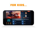 A quiz game interface on a smartphone screen poses a question about the movie "Big Hero 6," asking which boy befriends Baymax, with options listed below. Above, bright orange text reads "FOR KIDS." This remote-play experience is as captivating as any board game, bringing the fun of the Q Play Outsmarted! Board Game to life.