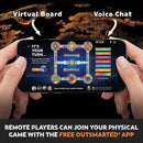 A person holds a smartphone displaying the Outsmarted! Board Game app by Q Play. Arrows point to "Virtual Board" on the left and "Voice Chat" on the right. Text below states, "Remote players can join your physical game with free remote-play functionality using Outsmarted!
