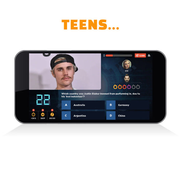 A screen shows a quiz game on a smartphone, akin to the virtual board game Outsmarted! by Q Play. The question posed is about which country banned a singer, offering options like Australia and China. With its remote-play feature, the game has a timer and displays player avatars along with their scores. The text above reads "TEENS...