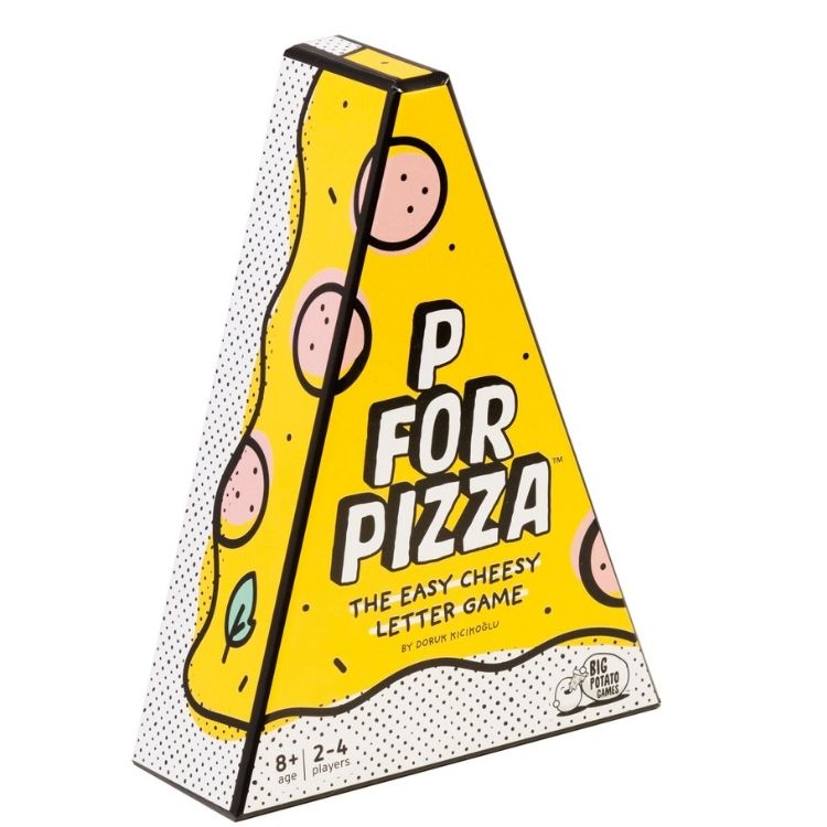 The triangular game box, shaped like a pizza slice, features a yellow background adorned with pink pepperoni slices and displays the text "P for Pizza: The Easy Cheesy Letter Game." This makes it an ideal party activity for ages 8 and up, suitable for 2-4 players. It's from the brand Big Potato.