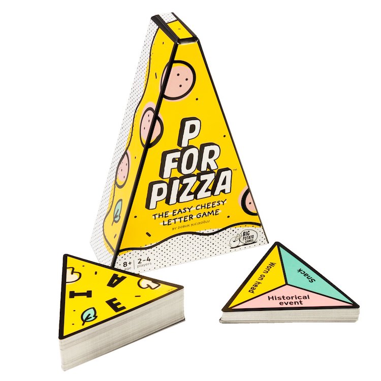 A triangular game box titled "P is for Pizza" by Big Potato sits in the background, resembling a playful pizza pyramid. In the foreground, two triangular cards display categories such as "Pizza Topping" and "Historical Event." The design is vibrant and captivating, ideal for anyone who enjoys letter games.