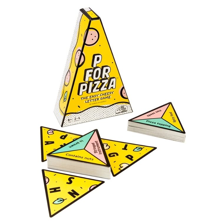 A triangular box of the "P is for Pizza" game by Big Potato is shown with several triangular cards laid out. The cards include categories such as "Pizza topping" and display letters on them. The yellow box, crafted as a playful pizza pyramid, showcases whimsical cheese illustrations.