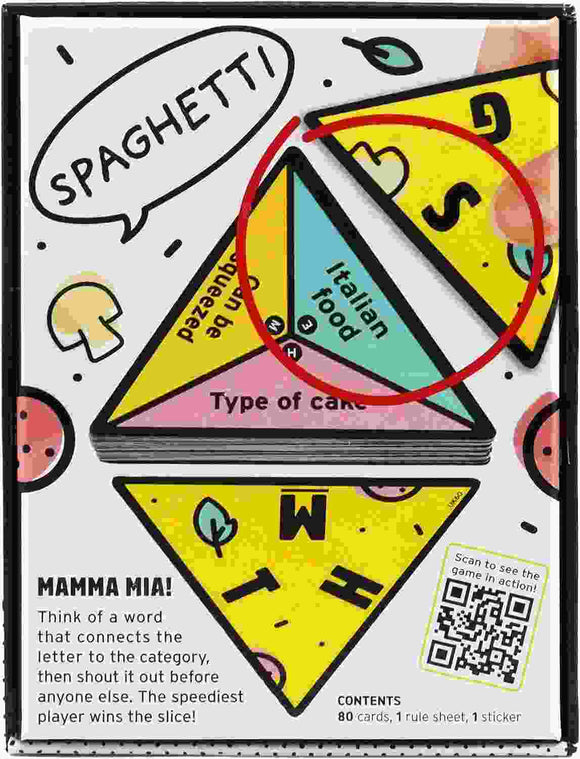A unique deck from the Big Potato brand called "P is for Pizza" features triangular playing cards with fun categories such as "Italian food" and "Type of car." The prominent card showcases "Type of car" in the center, while a bold red circle accentuates the word "spaghetti." At the bottom, it reads "Mamma Mia!" and includes a QR code.