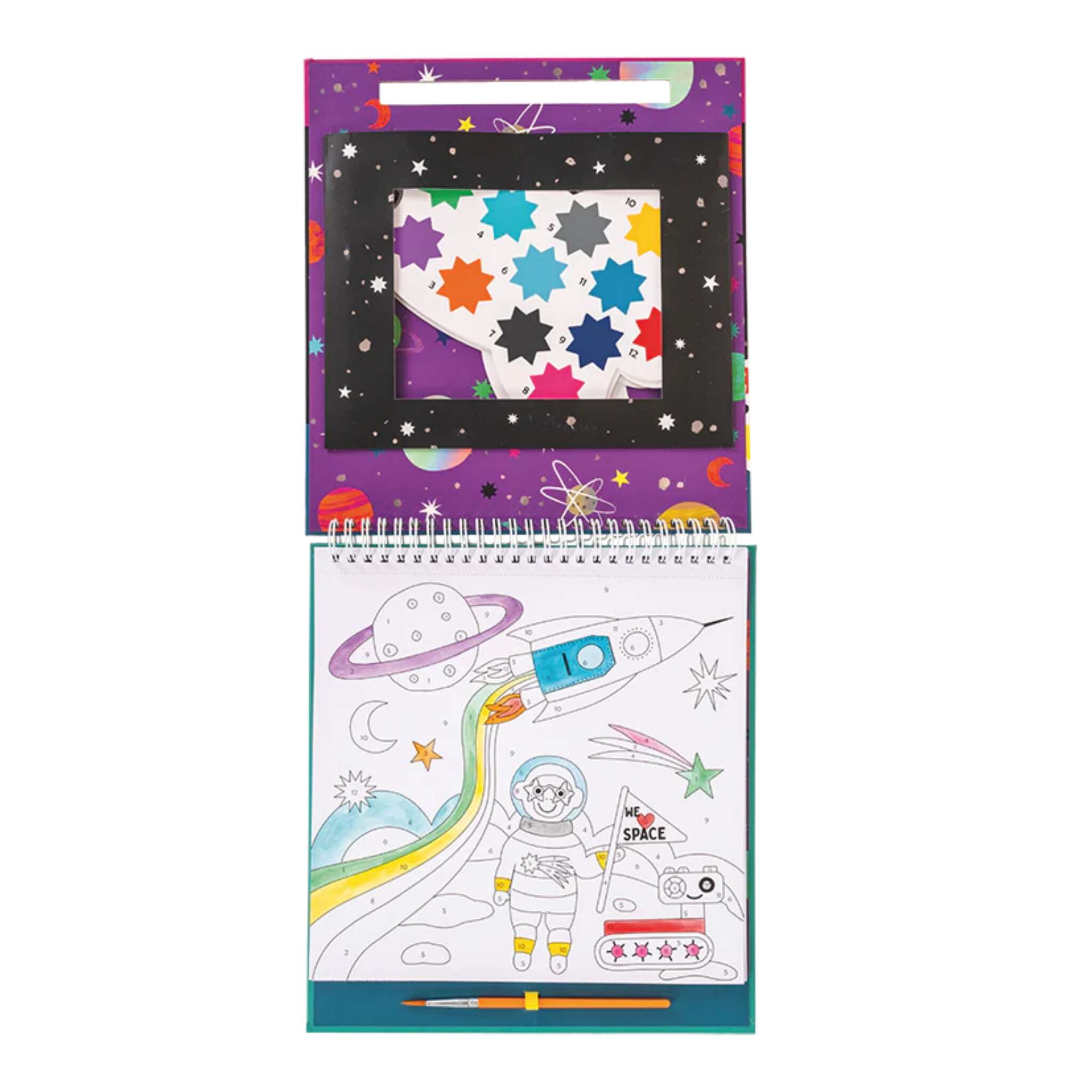 An open children's coloring book bursts with color, featuring a space-themed page titled Space Paint by Numbers by Floss & Rock. The scene comes alive with a rocket, an astronaut, and planets set against a backdrop of vibrant stars and dots. An eco-friendly paint set enhances the imaginative journey on the bottom page.