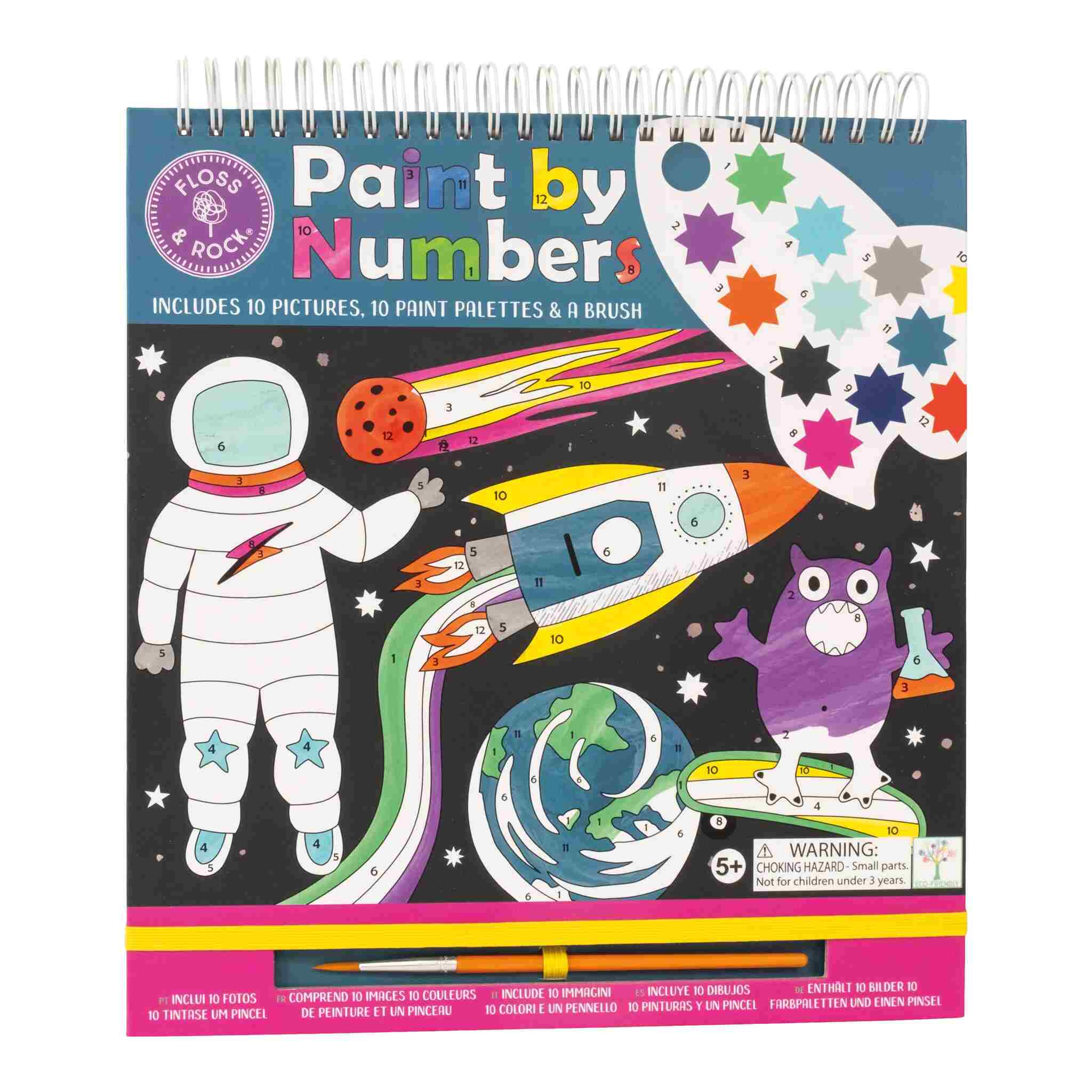 Discover the Space Paint by Numbers kit from Floss & Rock, showcasing a lively space theme complete with an astronaut, rocket, planets, and a purple owl. This kit includes an eco-friendly paint set featuring 10 pictures, palettes, and a brush. Ideal for ages 5 and up—caution is advised due to small parts.