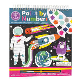 Discover the Space Paint by Numbers kit from Floss & Rock, showcasing a lively space theme complete with an astronaut, rocket, planets, and a purple owl. This kit includes an eco-friendly paint set featuring 10 pictures, palettes, and a brush. Ideal for ages 5 and up—caution is advised due to small parts.