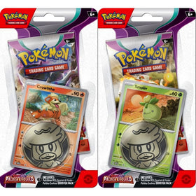 Two POKÉMON Scarlet & Violet 2: Paldea Evolved Checklane Blisters feature a Growlithe card and coin on the left, and Smoliv on the right, making them ideal additions for trainers aged 6 and up.