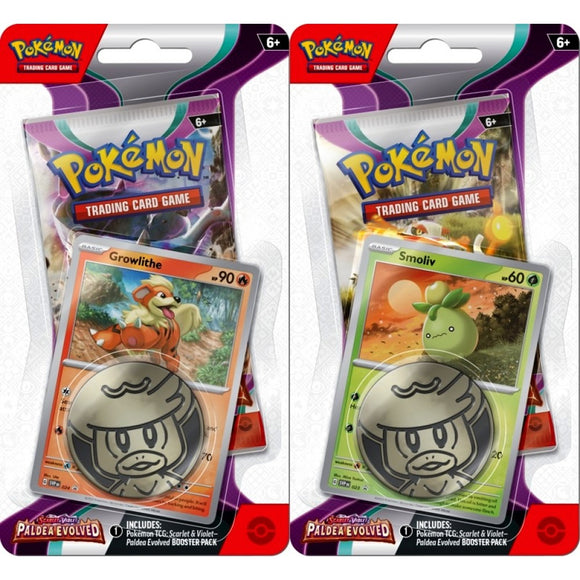 Two POKÉMON Scarlet & Violet 2: Paldea Evolved Checklane Blisters feature a Growlithe card and coin on the left, and Smoliv on the right, making them ideal additions for trainers aged 6 and up.