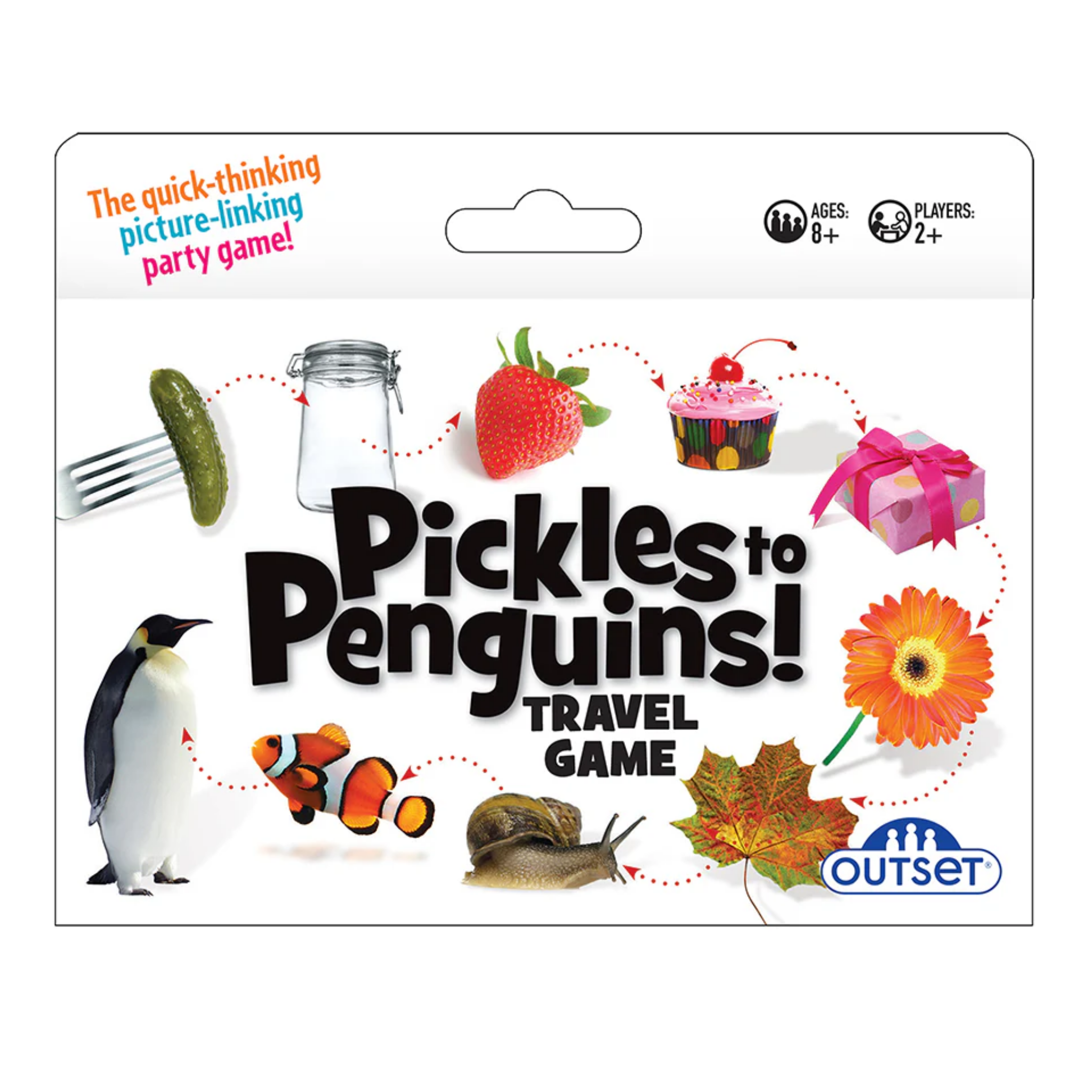 The "Pickles To Penguins Travel Game" from Outset Cheatwell features packaging with images of a pickle, penguin, and fish. Enjoy quick-thinking fun by cleverly linking pictures. Suitable for ages 8+ and 2 or more players, with the Outset logo at the bottom right.