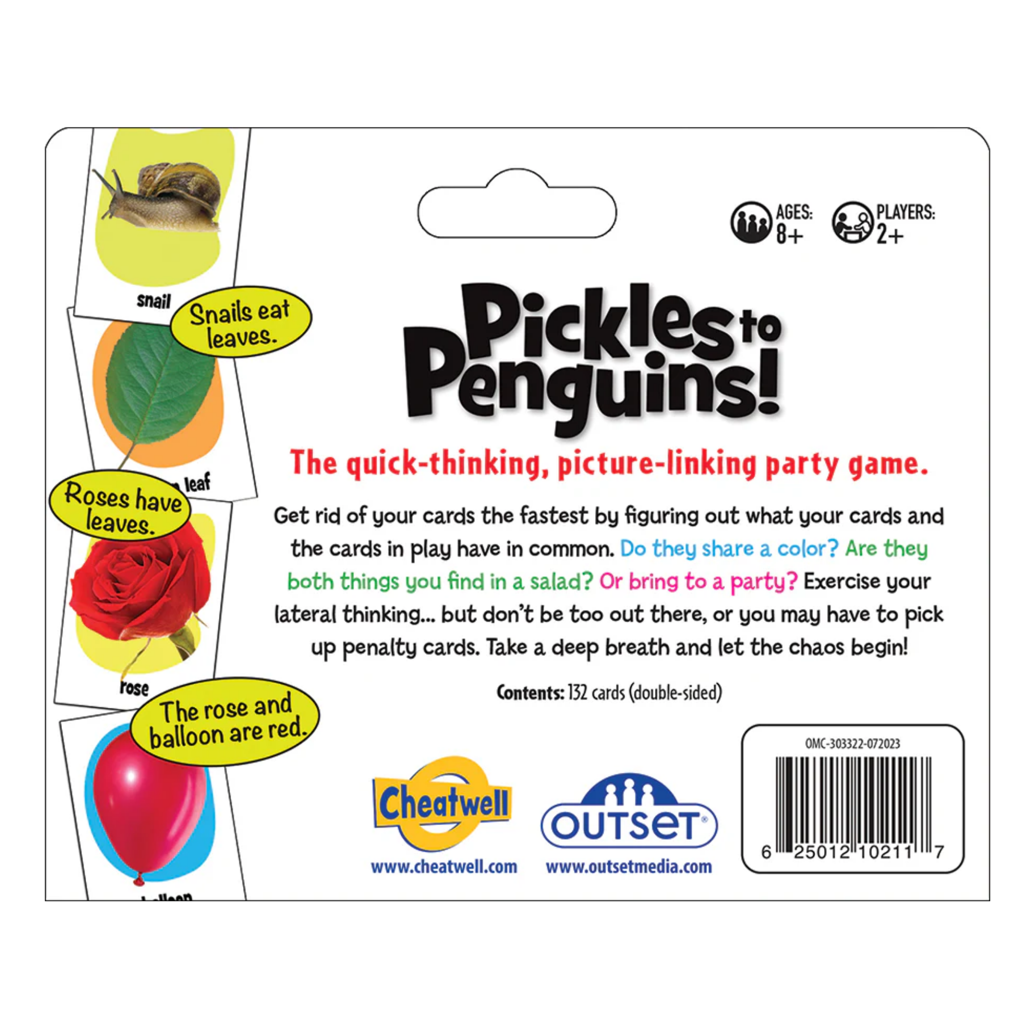 The back of the "Pickles To Penguins Travel Game" box from Outset Cheatwell displays colorful images of a snail, leaf, rose, balloon, and hand. It's a fast-paced picture-linking party game for ages 8+. Ideal for travel. Features logos and a barcode at the bottom.