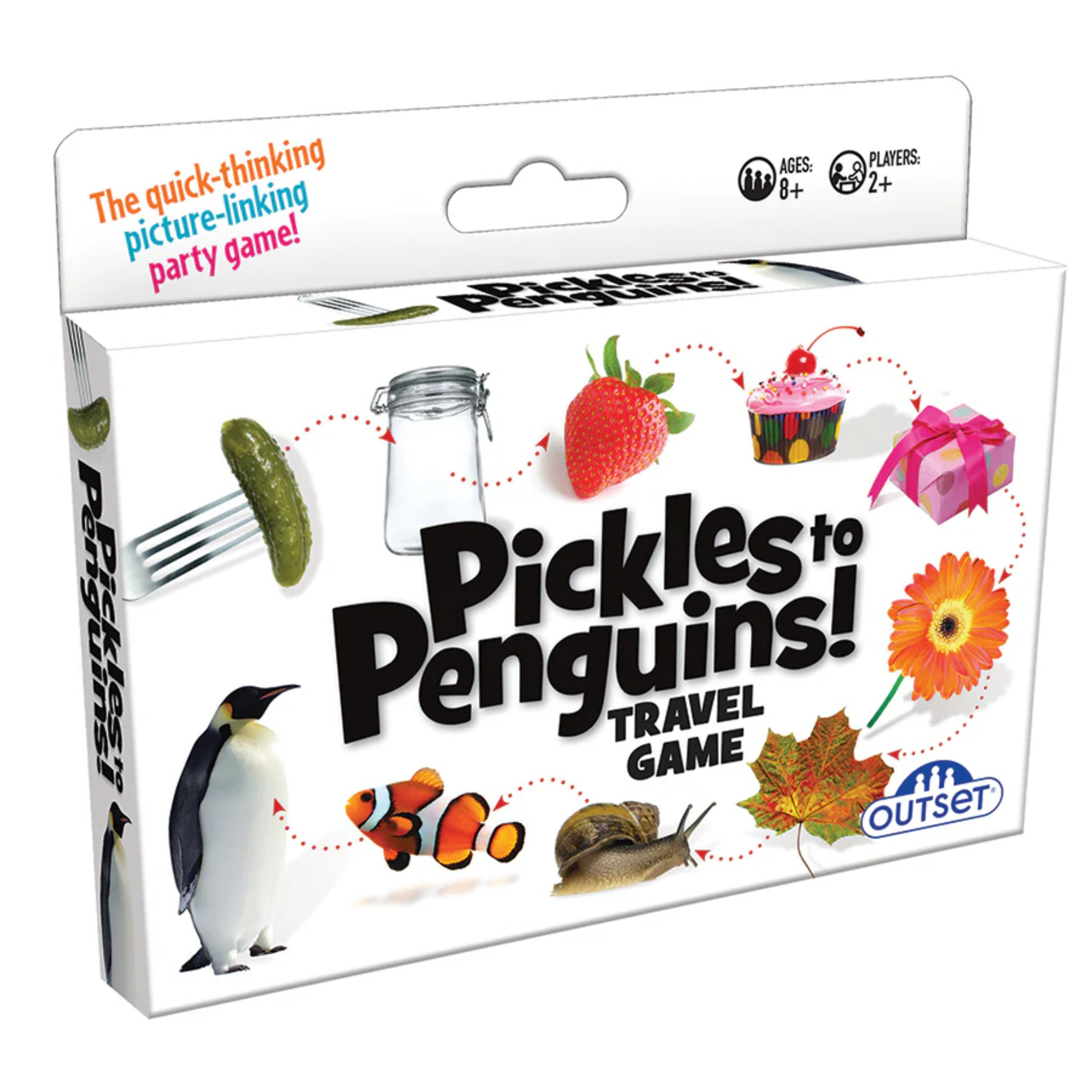 Box for 'Pickles to Penguins' travel card game with images of unconnected animals & objects - a penguin, a pickle on a fork, a strawberry..