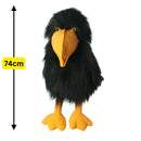 Black and yellow plush crow puppet with a measurement label on a white background