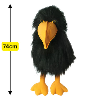 Black and yellow plush crow puppet with a measurement label on a white background